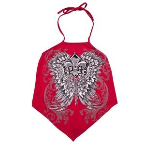 Design by Olivia Red Wing Rhinestone Halter Handkerchief Top M USA